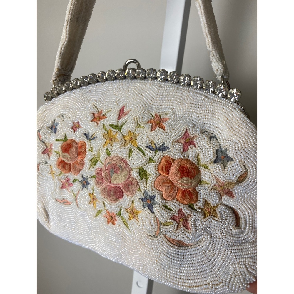Vintage 1930's Floral Beaded Evening Bag Rhinestone Frame White Cream Purse - Picture 2 of 10